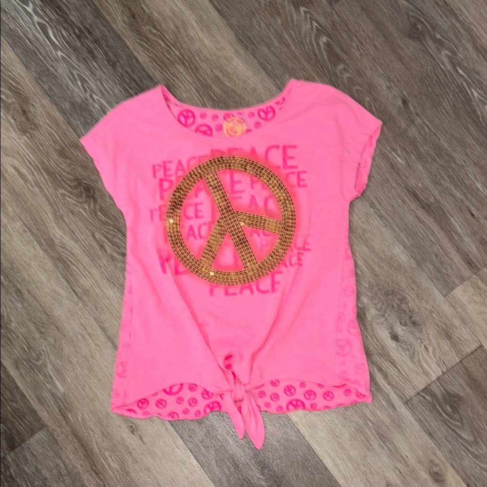 SO hot Pink front tie with a gold peace, sign with sequence girls size 10/12
